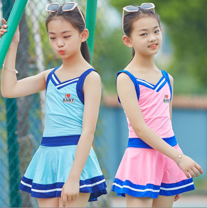 中大童儿童泳衣女孩学生运动温泉泳装大码保守平角连体裙式游泳衣