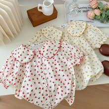 韩版女童夏季衬衫短袖宝宝娃娃领碎花撞色半袖上衣公主儿童衬衣薄