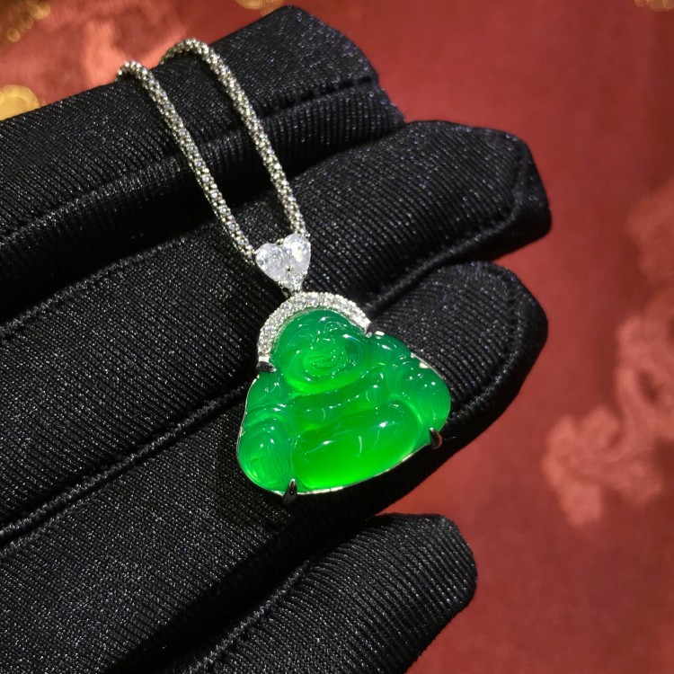 通体s925银镶嵌绿佛公吊坠弥勒佛玛瑙雕刻迷你小佛公工厂批发直播