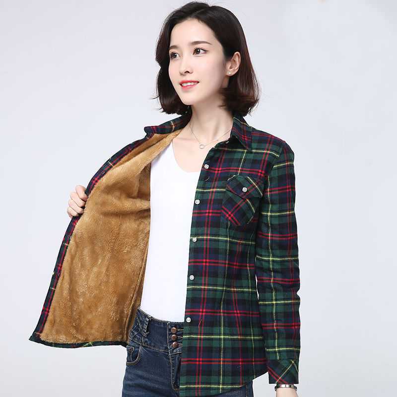 秋冬加绒加厚保暖衬衫女长袖修身打底上衣外套棉质衬衣大码女装