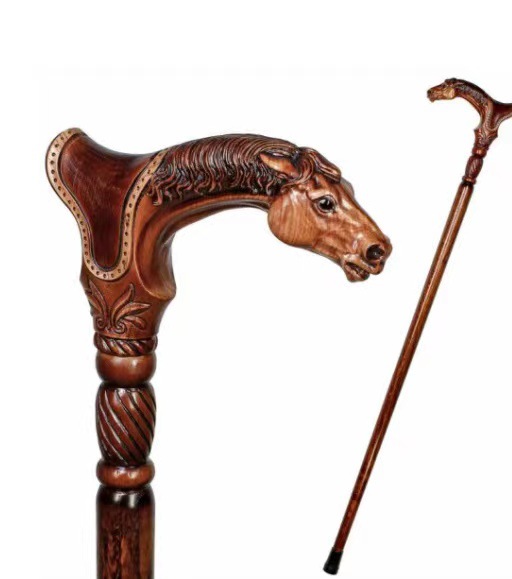 跨境新款独立站新品木质品雕刻马头琉璃彩拐杖手把头左右手手柄