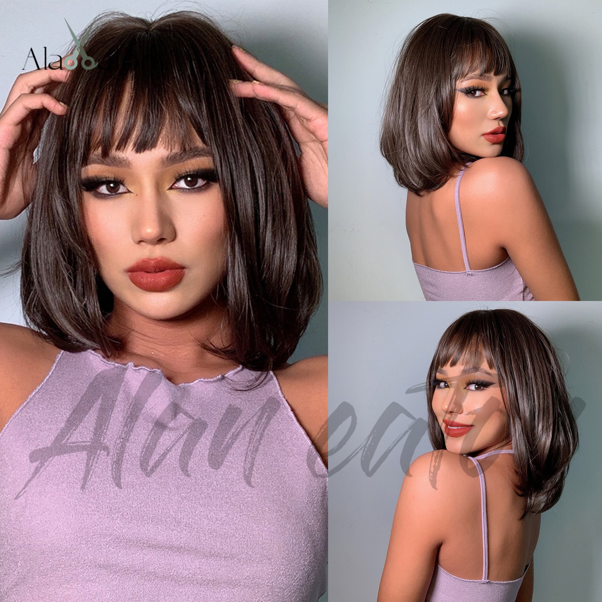 欧美风波波头 新款女士假发 棕色齐刘海bobo短直发 跨境货源