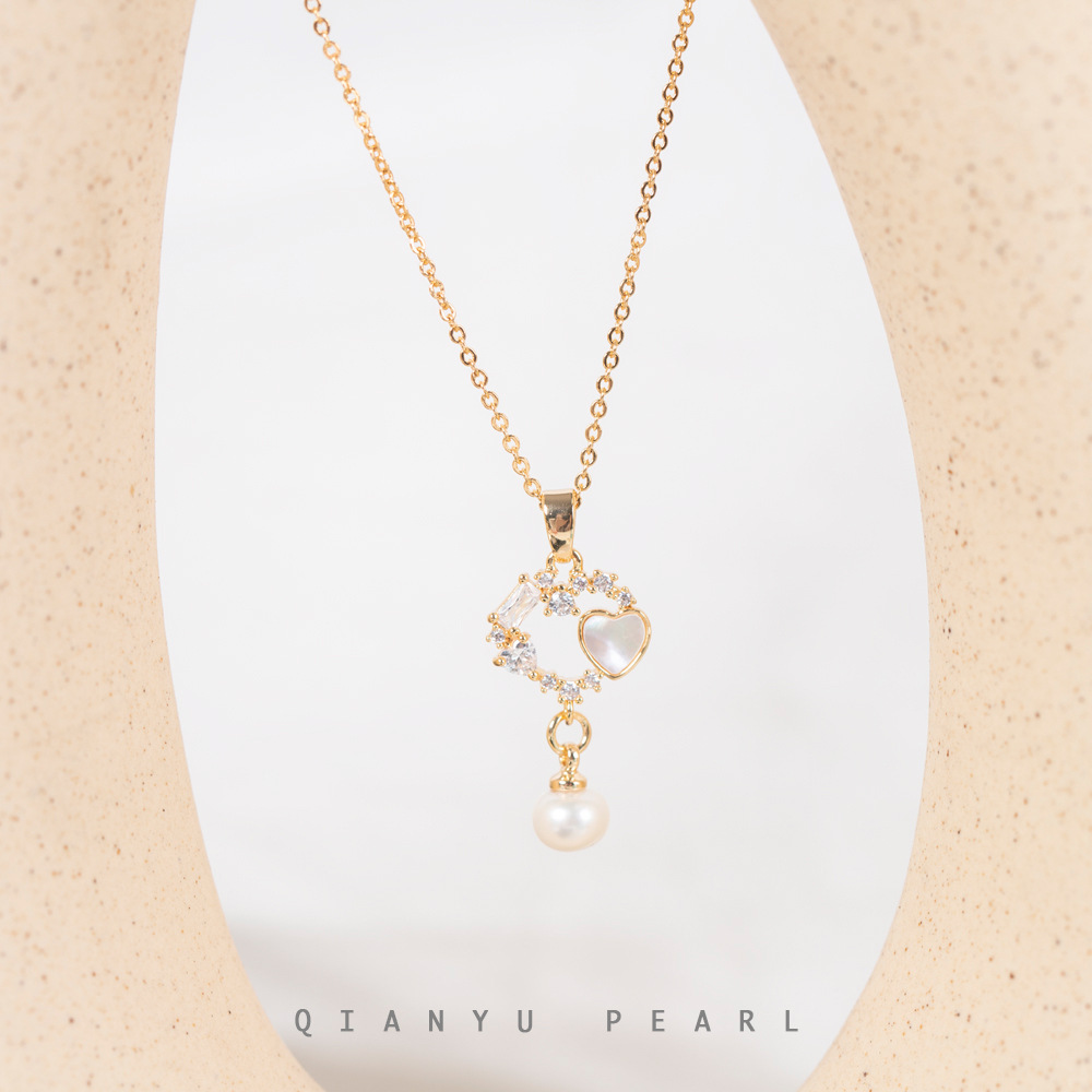 爱心贝壳吊坠淡水珍珠项链微镶甜美高级万能扣可调节小众锁骨链女