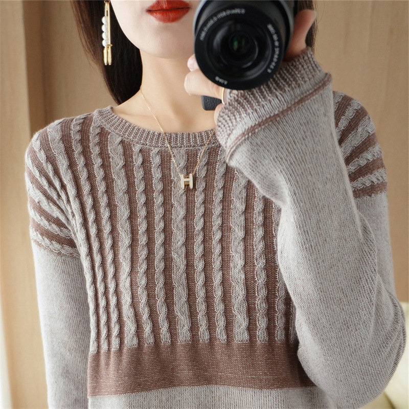 22春季新款棉麻长袖针织衫女圆领套头提花拼色打底衫宽松短款上衣