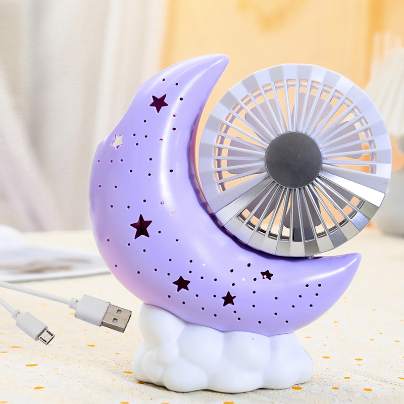 New Adjustable Angle Pen Holder Storage Moon Base Fan Starry Sky Ambience Light Three Speed Control Handheld Fan