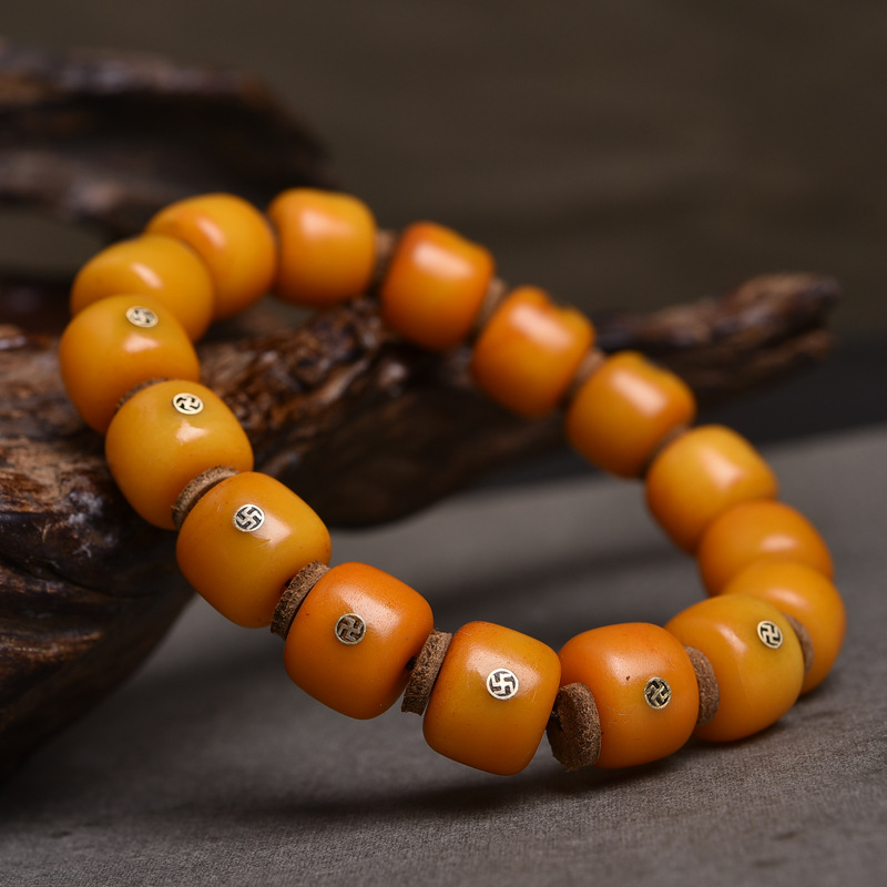 天然骆驼骨单圈手串镶嵌万字藏区玉化老料男女手链文玩佛珠首饰