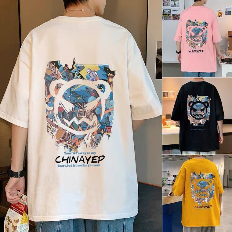 Short-Sleeved T-shirt Men‘s Summer Trendy Men‘s 2023 New Loose Half-Sleeve Top Pure Cotton Cartoon Printed T-shirt T-shirt