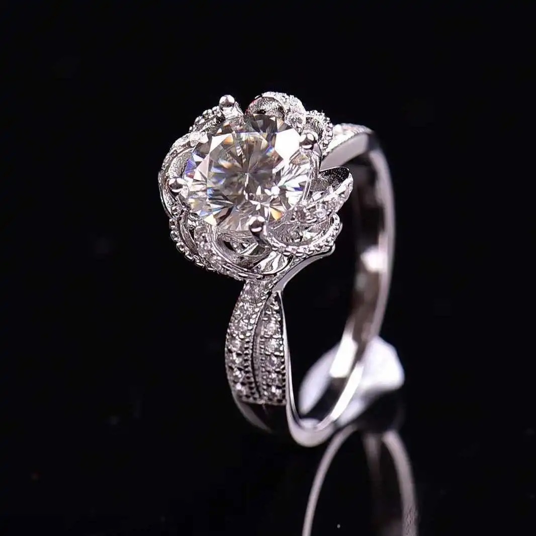 美国进口八心八箭莫桑钻1克拉纯银钻戒女戒玫瑰喷泉款高拖豪镶