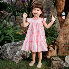 Amila2024夏季新款女童小飞袖公主裙儿童碎花满印叠层蛋糕连衣裙