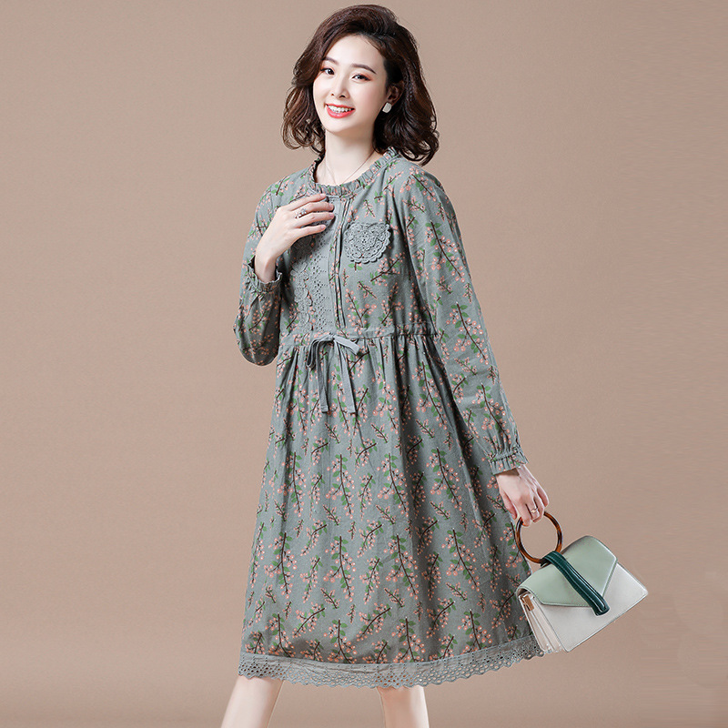 棉麻碎花连衣裙女秋2021新款中长款秋季长袖棉布亚麻裙子