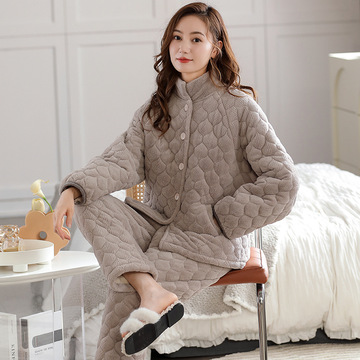 珊瑚绒三层夹棉睡衣女冬季加厚保暖法兰绒开衫女士甜美家居服套装