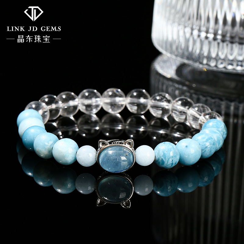 晶东珠宝 7A天然白水晶拼海纹石猫头魔盒手链小清新女生手饰批发