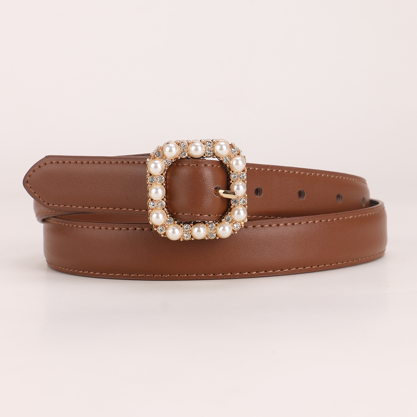 跨境外贸真牛皮细腰带女款装饰百搭高级感时尚珍珠水钻扣皮带批发