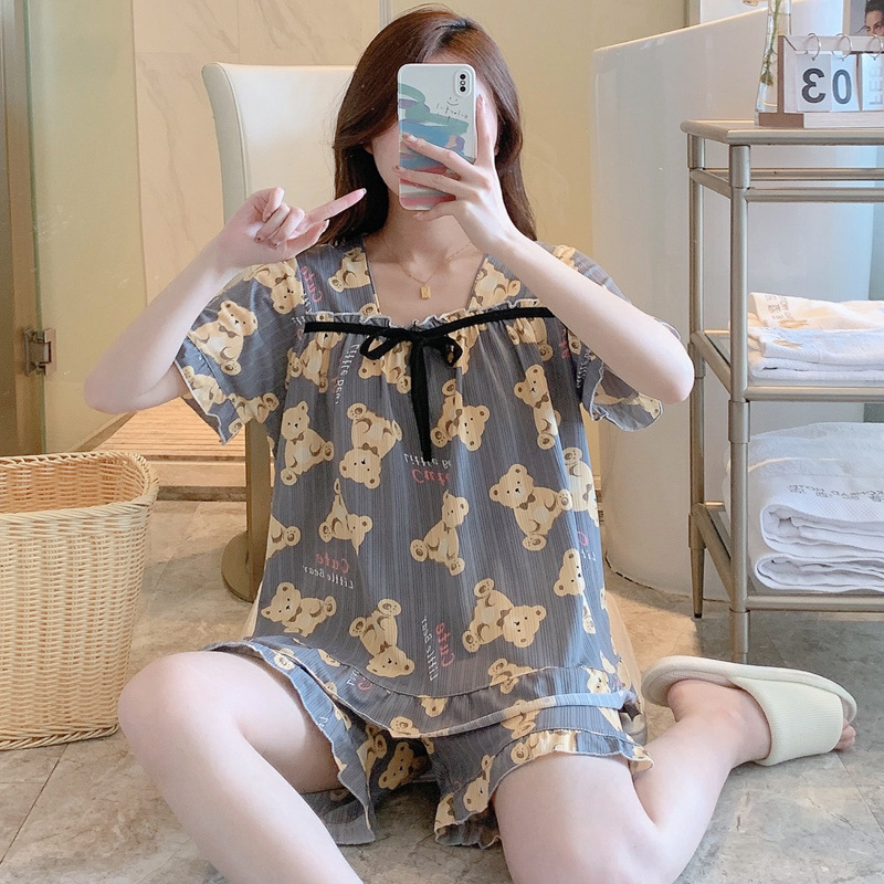 Cross-Border Foreign Trade Summer New Sweet Cute Loose Cartoon Shorts Short Sleeve Women's Pajamas Can Be Outerwear Homewear