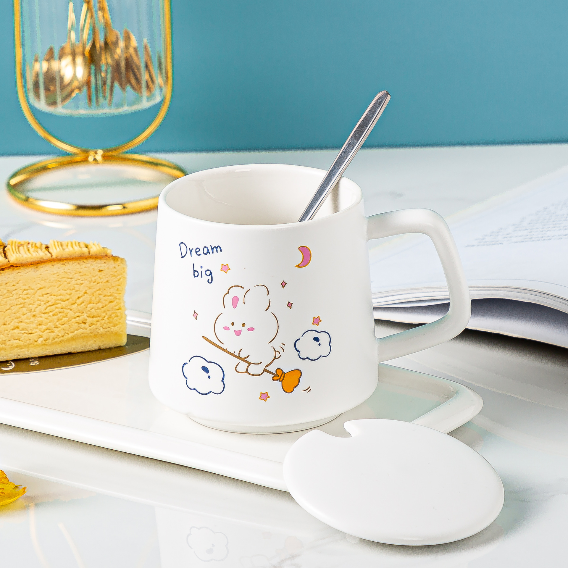 白色卡通小兔兔陶瓷杯创意套装马克杯可爱小白兔水杯男女喜欢杯子