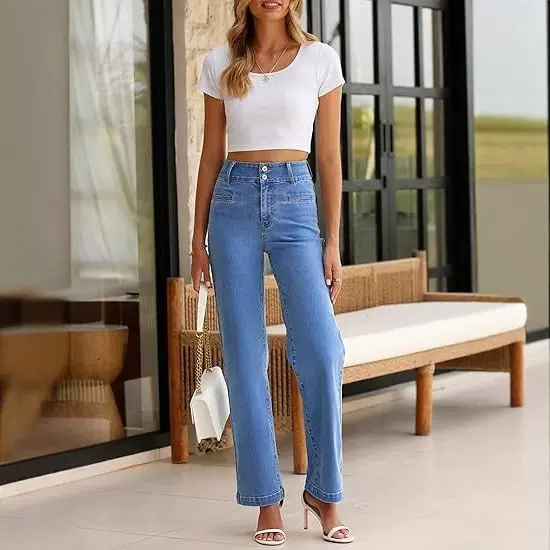 跨境定制欧美设计感女式牛仔裤高腰女式牛仔裤窄版阔腿裤牛仔裤