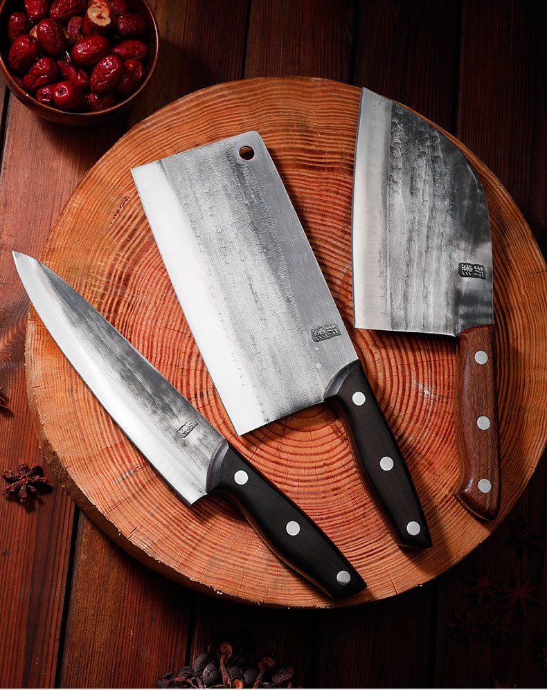 锻打多用弯刀手工锻打菜刀黑木柄家用骨刀酒店厨师斩切刀老式刀具