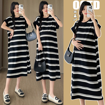 孕妇装2024夏季新款大码短袖t恤中长款休闲条纹宽松孕妇连衣裙潮