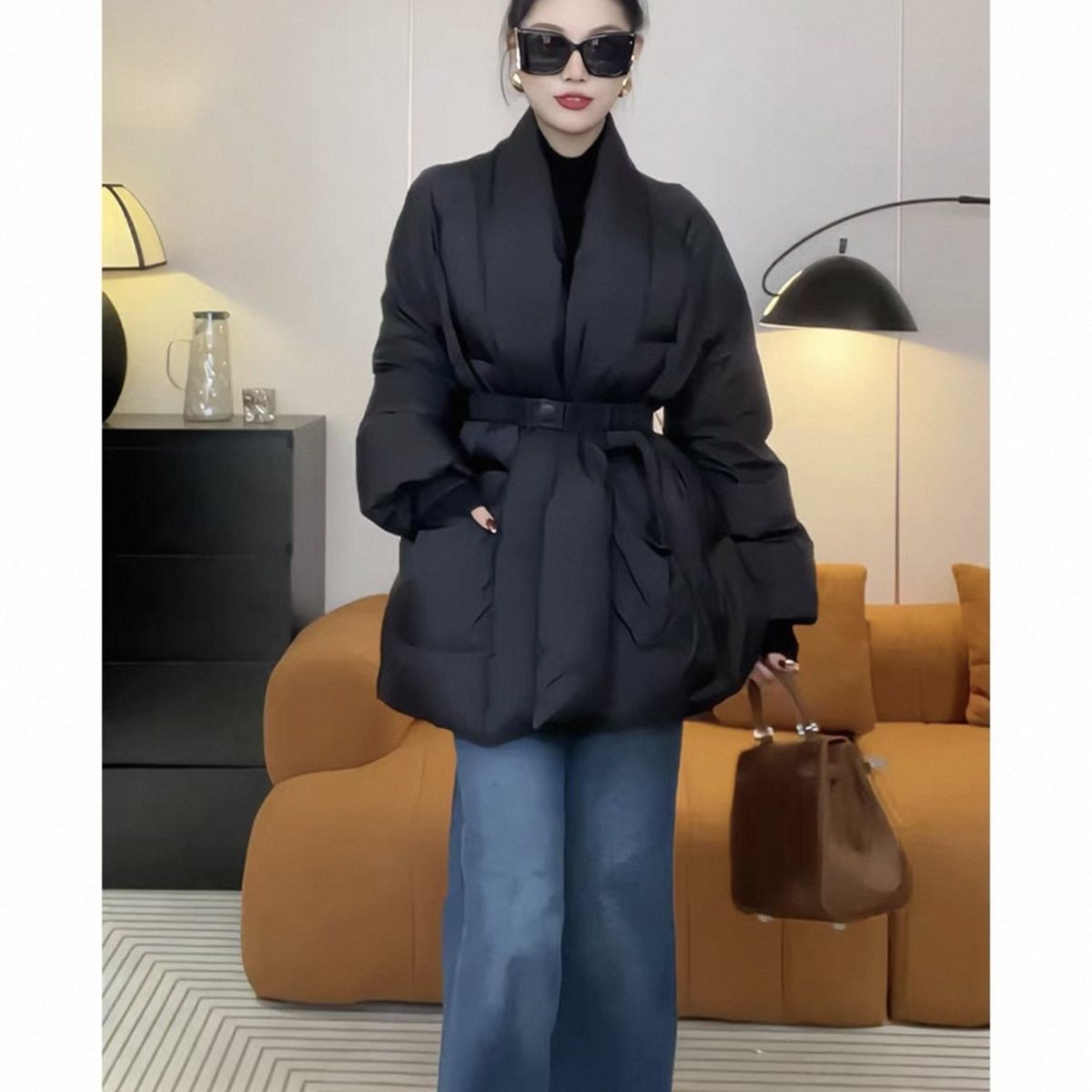 新款韩版系带收腰羽绒外套显瘦白鸭绒保暖羽绒服潮流名媛风红褐色