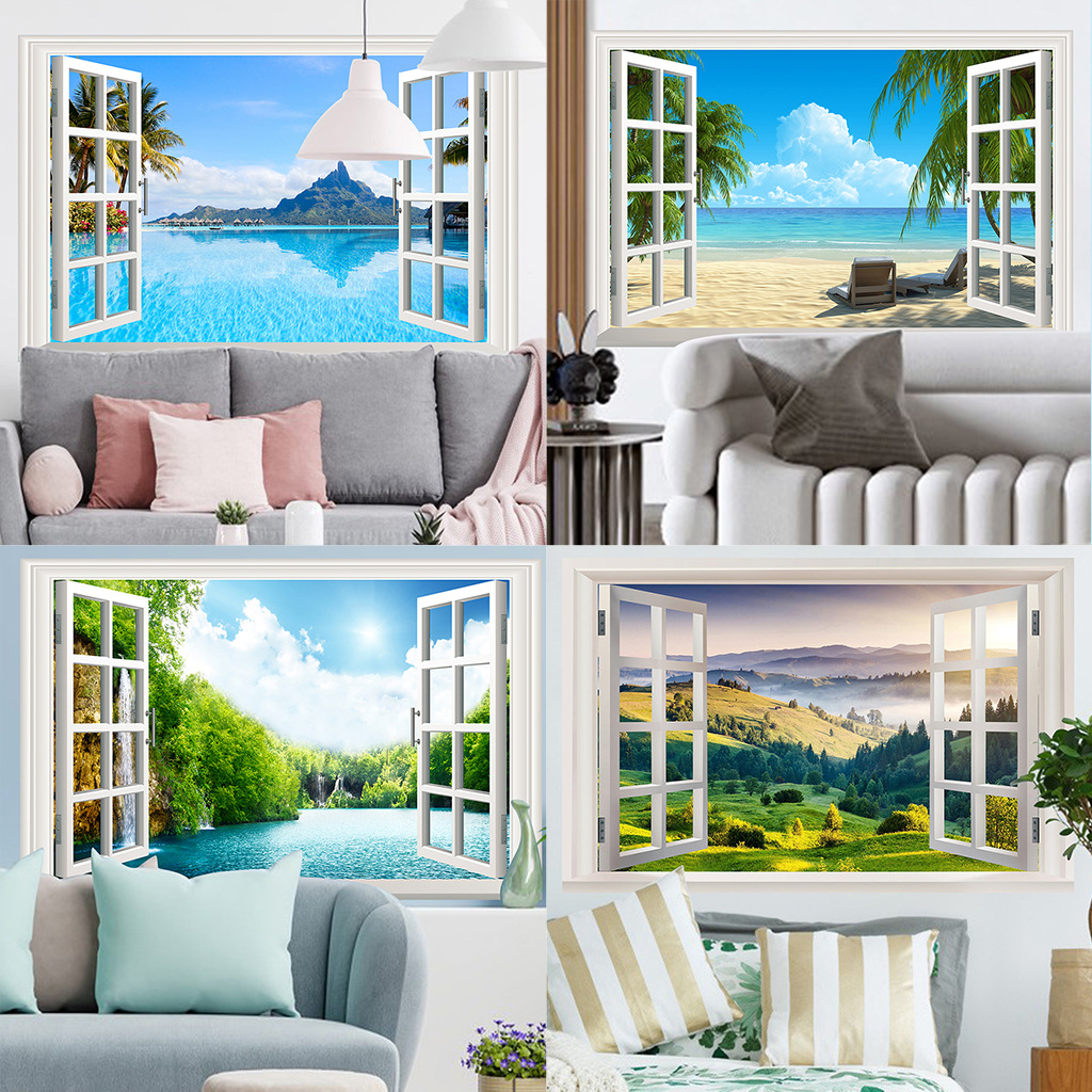 居杉热卖单品风景窗户贴纸  AF45跨境拼多多批发墙贴湖泊椰树贴画