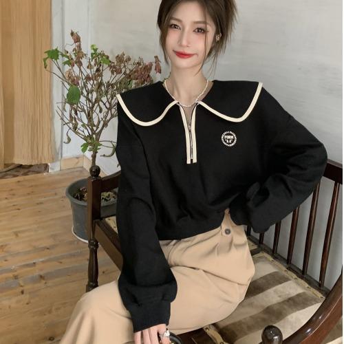 Zipper Polo Collar Sweater 2023 New Women's Spring Design Sense Niche Loose Casual Small Long-Sleeved Top