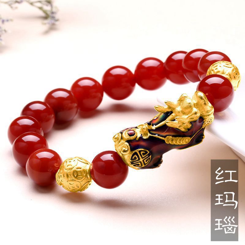 亚马逊跨境国风手链男士沙金首饰女天然黑曜石配饰民族风貔貅手串