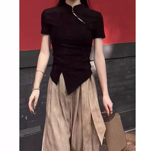 新中式立领镂空短袖T恤女显瘦国风上衣+裤子套装女2024夏季两件套