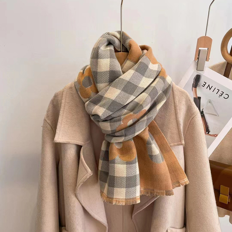 Cashmere-like Small Plaid Scarf Female Winter Korean Style Student Japanese Style Scarf Versatile Artistic Warm Internet Celebrity Shawl