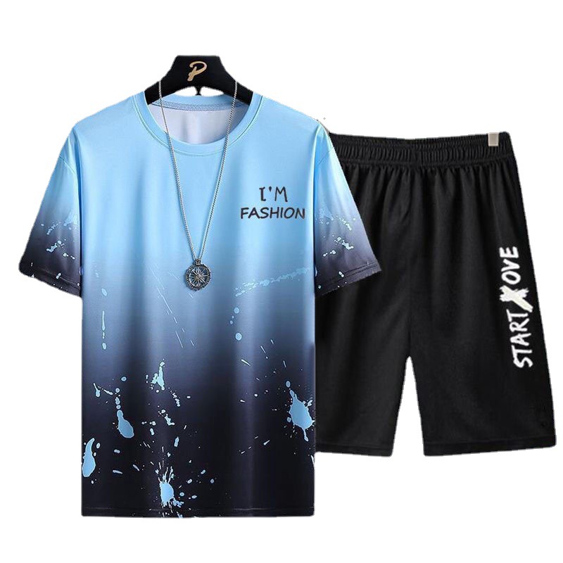 Summer Sports Casual Short Sleeve Suit Men's Ice Silk Gradient Printing T-shirt Top with Five-Point Shorts Korean Style