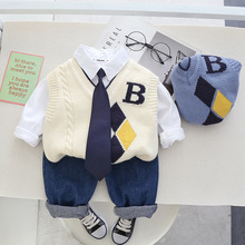 春秋男孩新款韩版男童秋款领带套装儿童马甲衬衫三件套潮一件代发