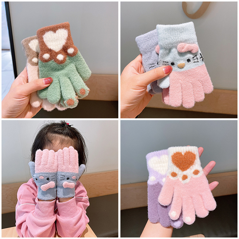 Children's Knitted Crystal Velvet Warm Gloves Cute Cat Heart Five-Finger Little Girl Writing Cold-Proof Gloves 5-10