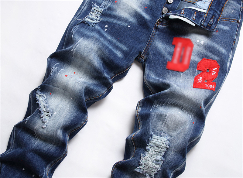 new d2 scrape paint splash white men's jeans trendy fashion printed badge slim-fit stretch trousers