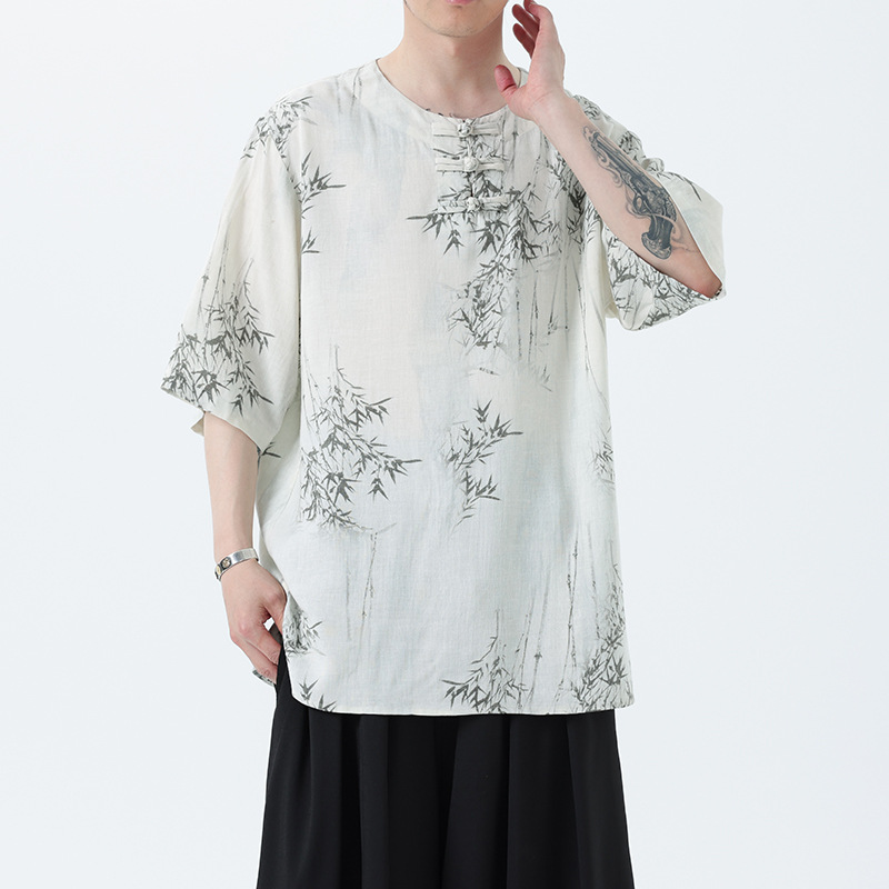 夏季中国风男装,.新中式棉麻短袖亚麻t恤.