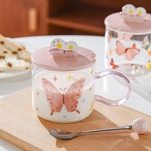 蝴蝶耐热玻璃杯早餐杯送礼高颜值粉色少女心水杯杯子马克杯带盖勺