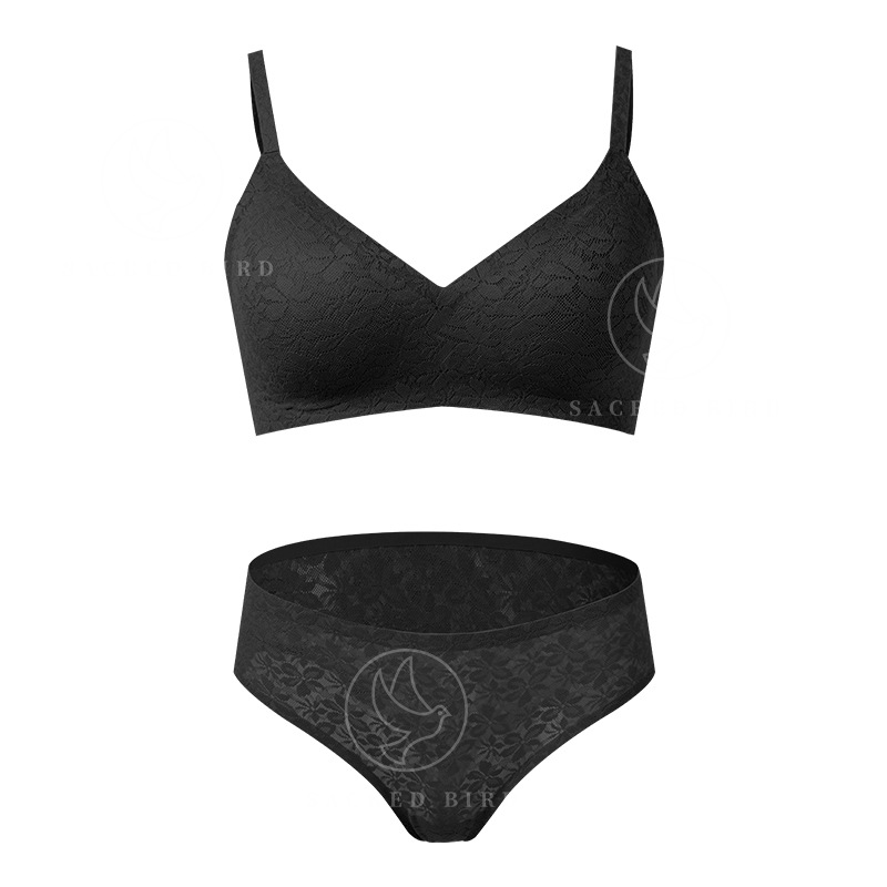 Sexy Lace Edge Stitching Seamless Thin Breathable Underwear Suit Women's Large Size Adjustment Wireless Bra