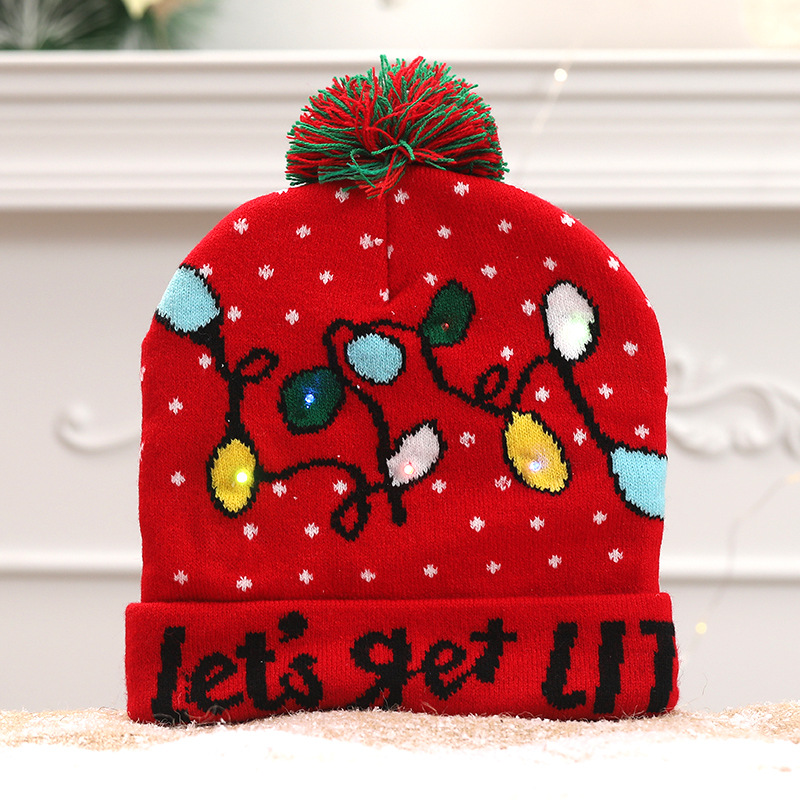 Cross-Border New Arrival Luminous Christmas Hat Children Adult Autumn and Winter Warm European and American Slipover Knitted Hat Printing Woolen Cap