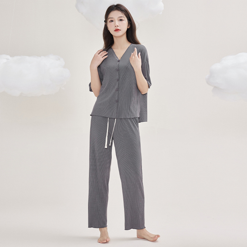 Ice Silk Pajamas for Women Spring and Summer New Solid Color Cardigan Women's Suit Loose Cool Comfortable Short Sleeve Home