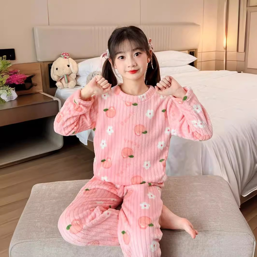 秋冬新款儿童法兰绒睡衣套装中小童甜美家居服套装双面绒女童睡衣