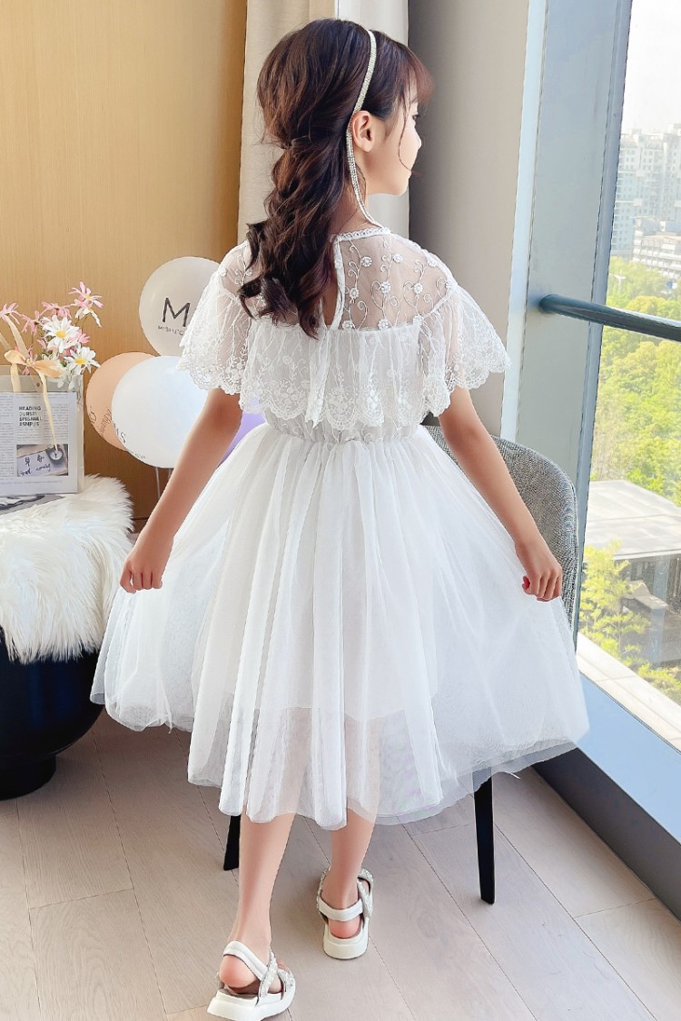 女童白色蕾丝连衣裙夏季宝宝公主纱裙无袖披肩裙儿童夏装裙子童裙