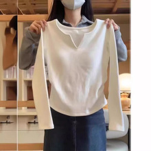 一件代发自带胸垫V领打底衫白色内搭女短款上衣秋冬季纯棉长袖t恤