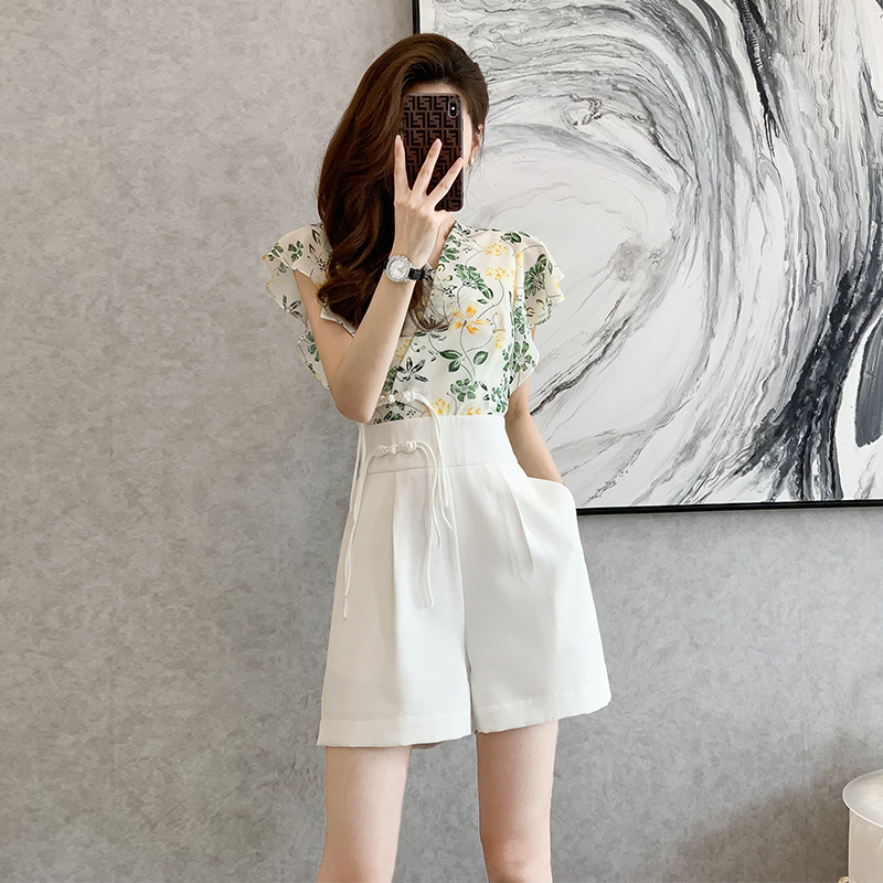 连体短裤女2022年夏季新款雪纺碎花休闲气质垂感收腰连衣阔腿短裤