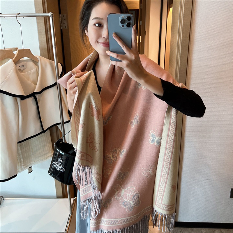 2022 New Elegant Artistic Butterfly Scarf for Women Winter All-Matching Double-Sided Thickened Warm Scarf Talma Outer Wear