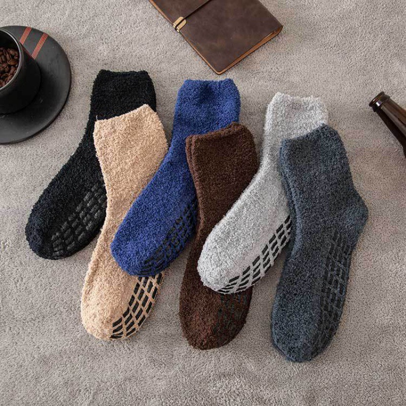 men‘s pure color coral velvet socks dispensing non-slip autumn and winter warm half-edge velvet socks simple home floor socks