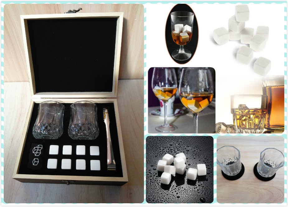 6 PCs Whiskey Stone Suit Wooden Box with Glass Whisky Stones Set Suit Whiskey Stone Wooden Box