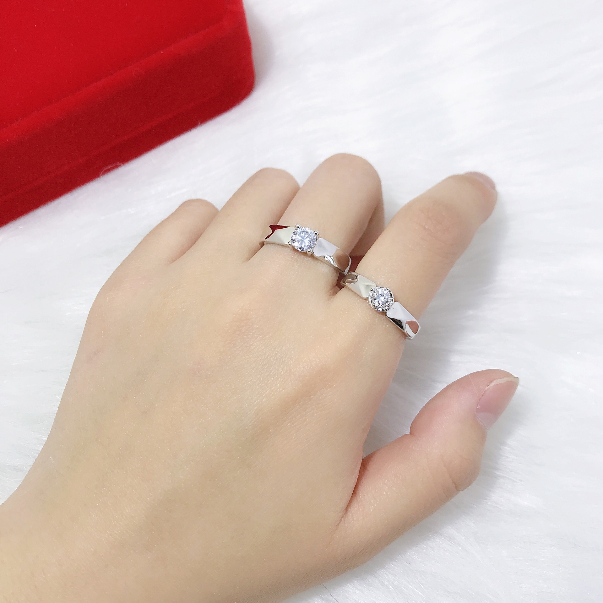 正生福s925纯银开口情侣对戒 四爪镶钻银指环七夕情人节生日礼物