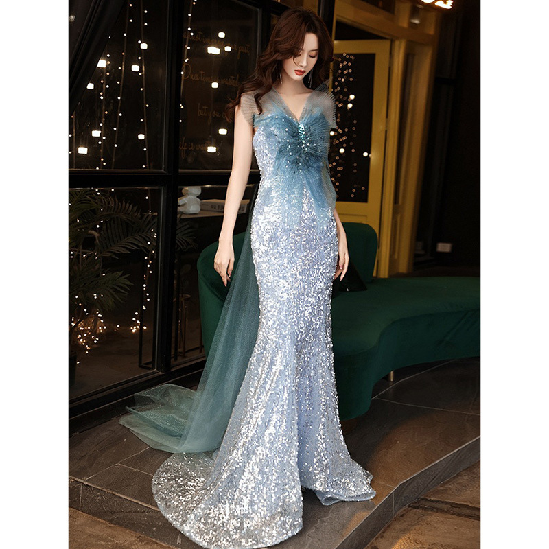 蓝色星空晚礼服宴会2022新款夏季主持人抹胸人鱼裙年会拖尾礼服裙