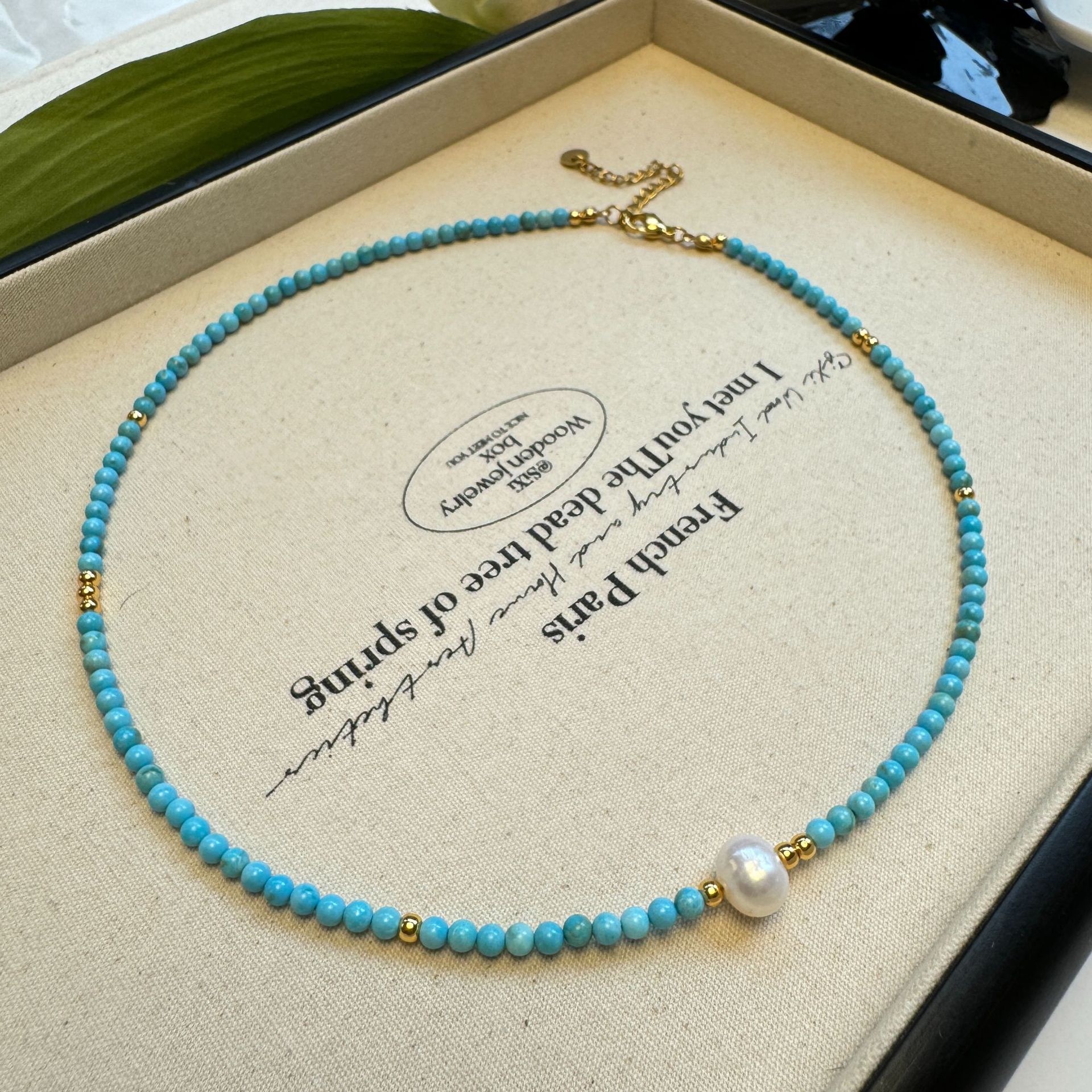 美拉德天然绿松石施家珍珠项链女百搭高级感锁骨链轻奢五金颈链