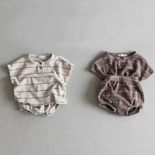 韩版ins婴幼童可爱休闲洋气条纹套装宝宝夏款棉短袖+短裤两件套