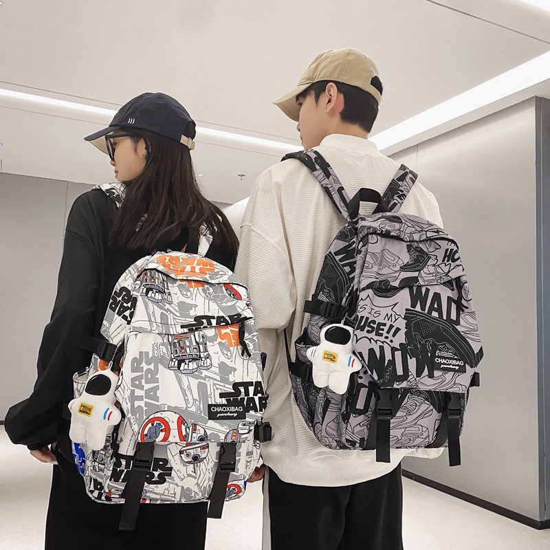 Backpack Male and Female Trendy Brand Ins Japanese Personality Graffiti Large Capacity Rui Camp Men's Backpack High and Middle School Schoolbag Men