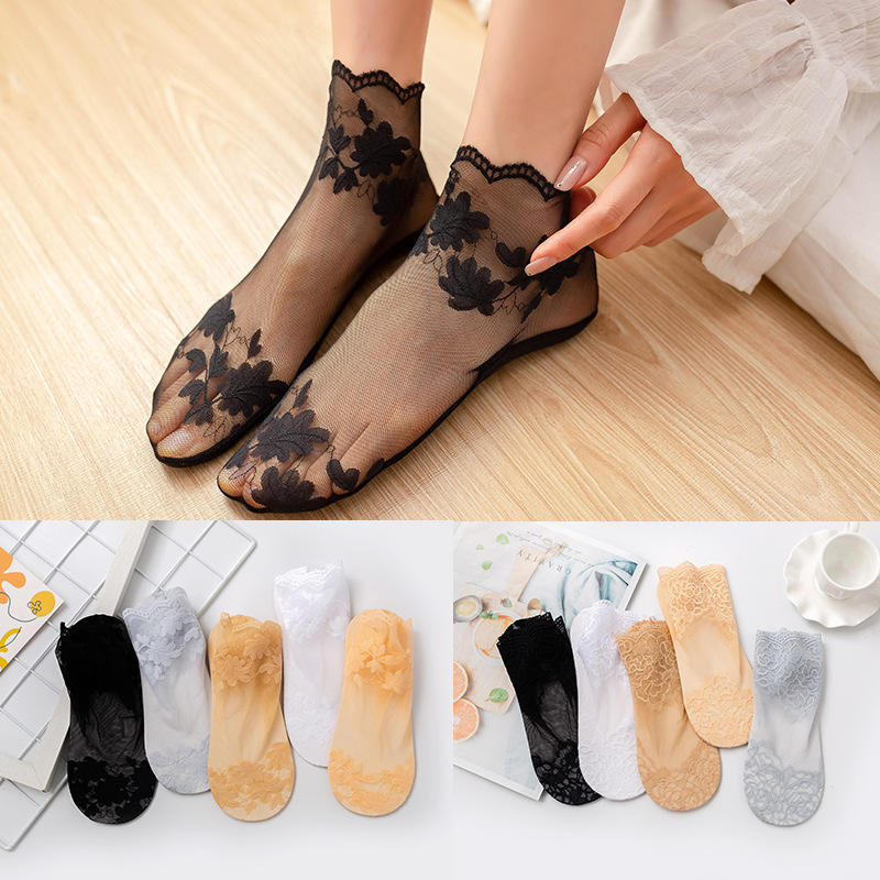 花边蕾丝袜子女短款短袜夏季薄款透气冰丝夏天棉底防滑浪短丝袜莎